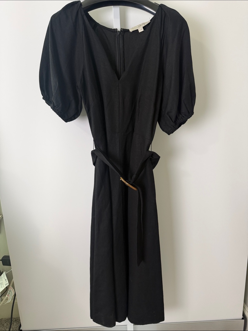 LOFT Black Midi Dress with Puff Sleeves and Waist Tie